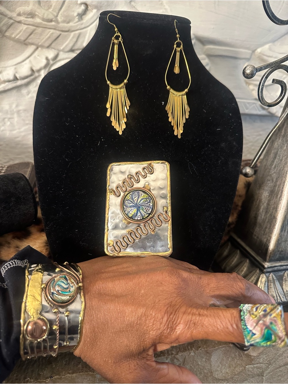 4pc brutalist necklace set cuff brass copper artsy SALE
